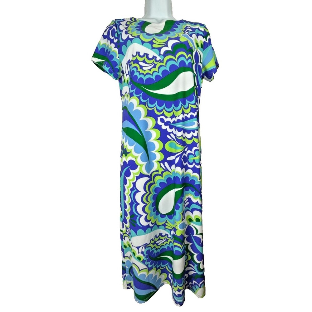 Jude Connally Shari Stretch Knit Long Dress Mod Paisley Iris Print Size S